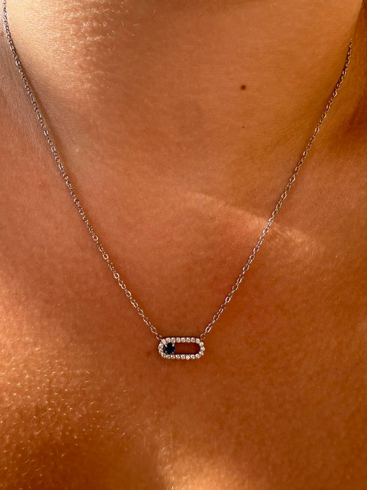 Collier maillon strass & pierre bleue